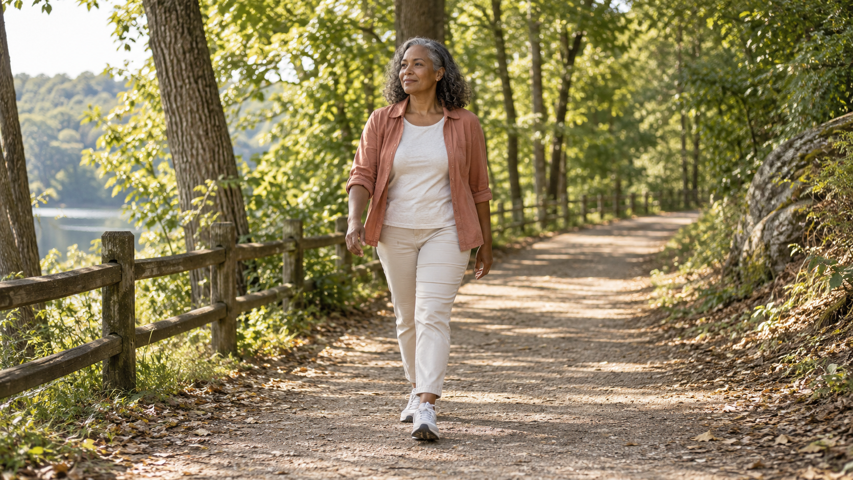 Illustrative artwork of a woman walking along a tree-lined path